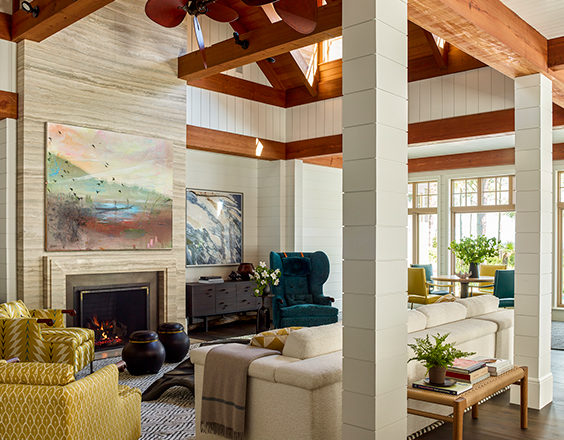 Living room of luxury vacation residence on Hilton Head Island with shiplap walls