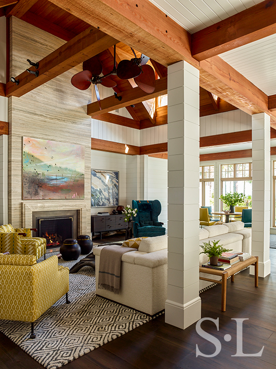 Living room of luxury vacation residence on Hilton Head Island with shiplap walls