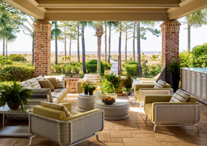 View of patio towards beach at oceanfront home on Hilton Head Island