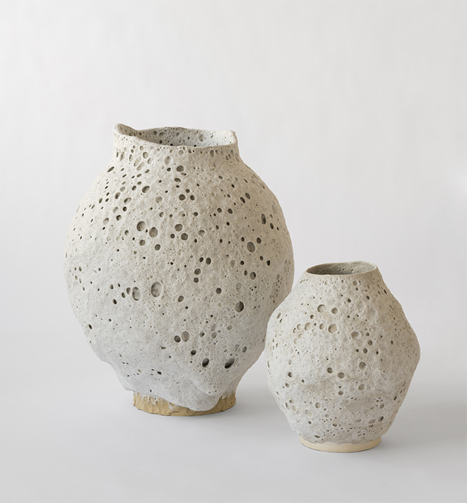 Raina Lee's ceramic vessels in off-white