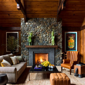 Lakeside residence living room with rustic interior design touches