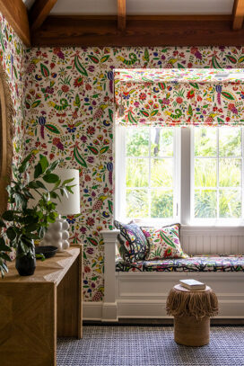 Guest bedroom of vacation residence on Hilton Head Island with fabrics and wallpaper by Pierre Frey