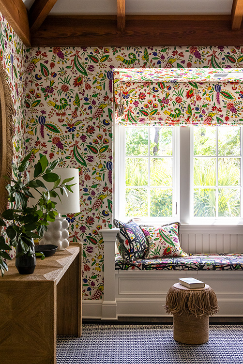Guest bedroom of vacation residence on Hilton Head Island with fabrics and wallpaper by Pierre Frey