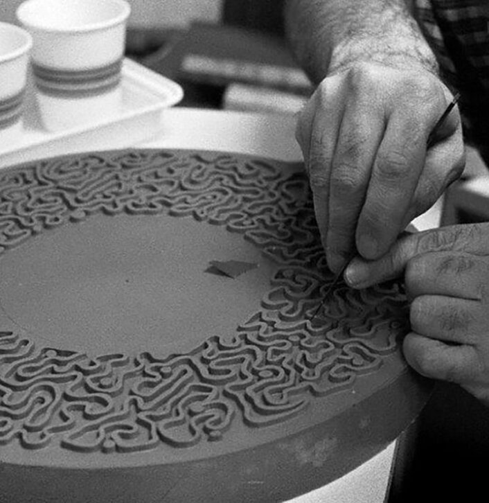 A light fixture in the making at Pollaro's workshop