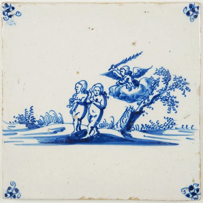 Delft Tile Circa 1700, Adam and Eve being banished from the Garden of Eden.