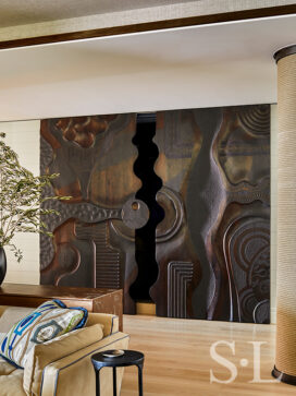 Sliding doors by Caleb Woodard in family room of Naples penthouse designed by Suzanne Lovell