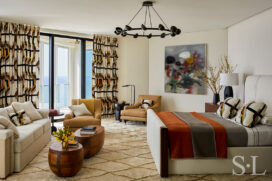 Primary bedroom of Naples penthouse designed by Suzanne Lovell