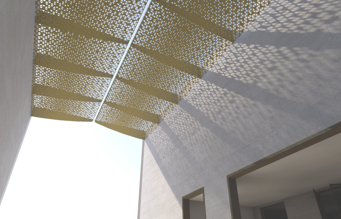 The lattice design in the ceiling allows for light to filter through.