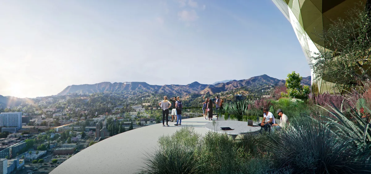 A rendering of a garden at The Star and the views from the 17th-floor open terraces.