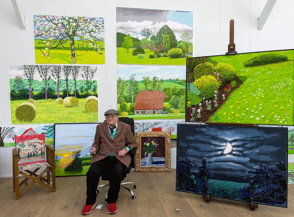Just prior to the May 2021 show, Hockney in his Normandy studio with the drawings about to be displayed.