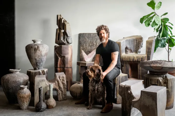 Casey Zablocki and his dog, Ingrid, inside his Missoula, Montana studio.