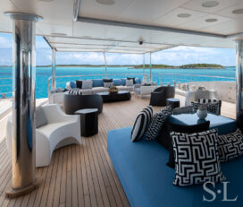 Vladimir Kagan's Black & White Foundry Chairs on a yacht designed by Suzanne Lovell