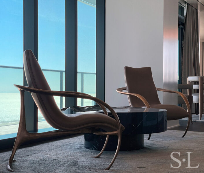 Gabriella Bronze Chairs by Vladimir Kagan in apartment designed by Suzanne Lovell Inc.