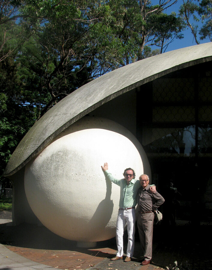 Nicolò and Dante Bini in front of the Binishell School in Narrabeen, Australia.