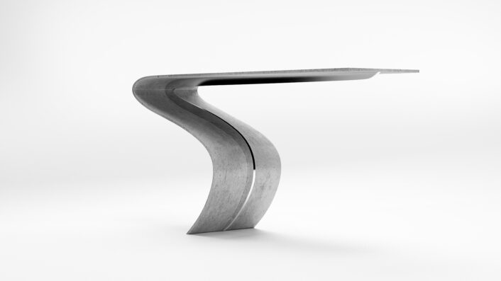 Enso Console, a wall-secured piece made from Concrete Canvas, polished aluminum, cement mortar, and cement pigments.