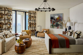 Primary bedroom of Naples penthouse designed by Suzanne Lovell