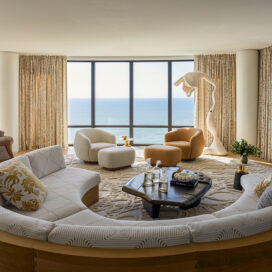 Great room of Naples penthouse designed by Suzanne Lovell